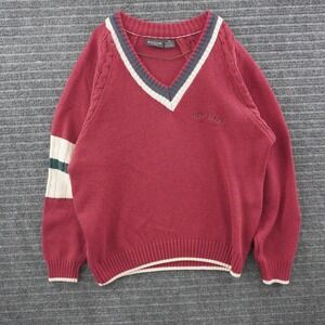 Vintage New River V-Neck Sweater Mens M Burgundy Cable Knit Striped Trim